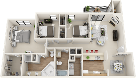 3 bedroom 2 bath floor plan  at St. Johns Forest Apartments, Jacksonville, FL, 32277